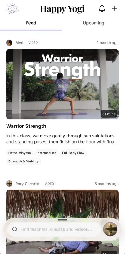 Your feed in the Happy Yogi mobile app